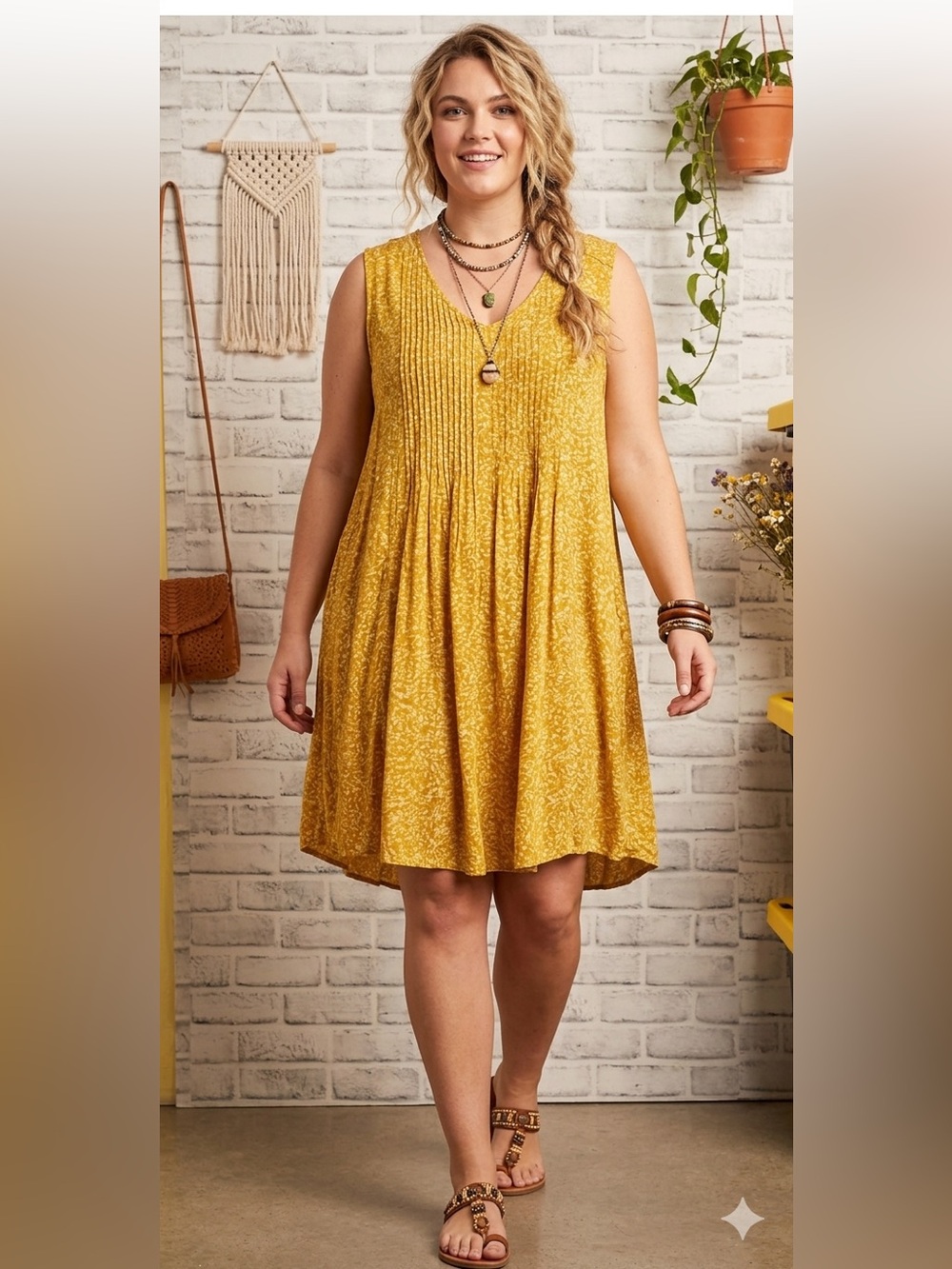 Old Navy Sleeveless Side Zipper Mustard Floral Leaf Pleated Dress XXL